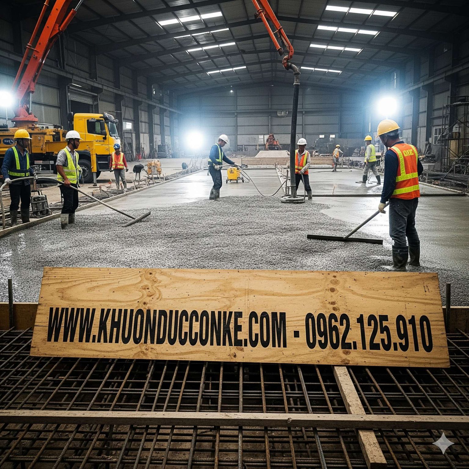 Công nhân san gạt bê tông tươi trên lưới thép sàn trong nhà xưởng thi công