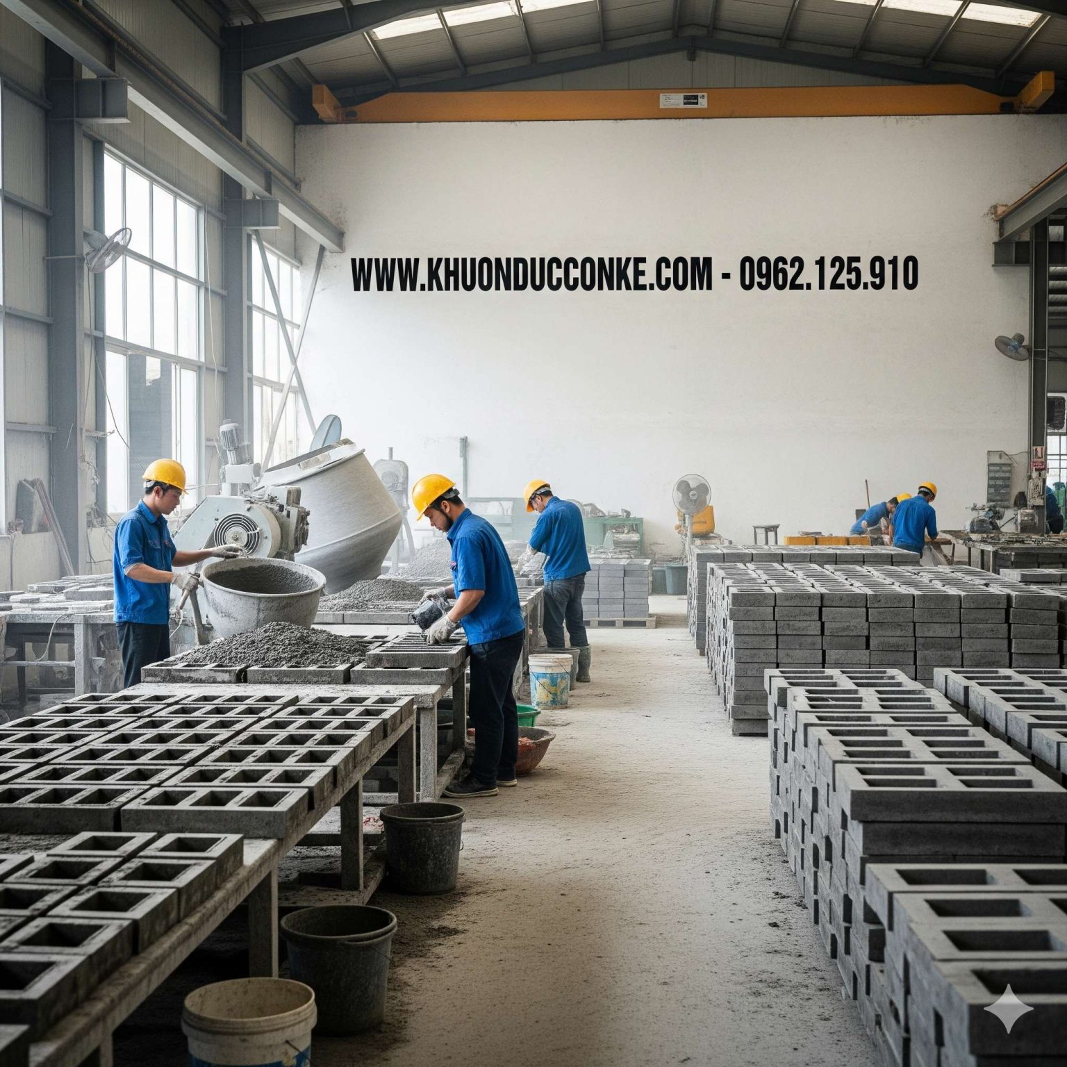 Công nhân đúc con kê bê tông bằng khuôn trong xưởng sản xuất Trí Việt Phát