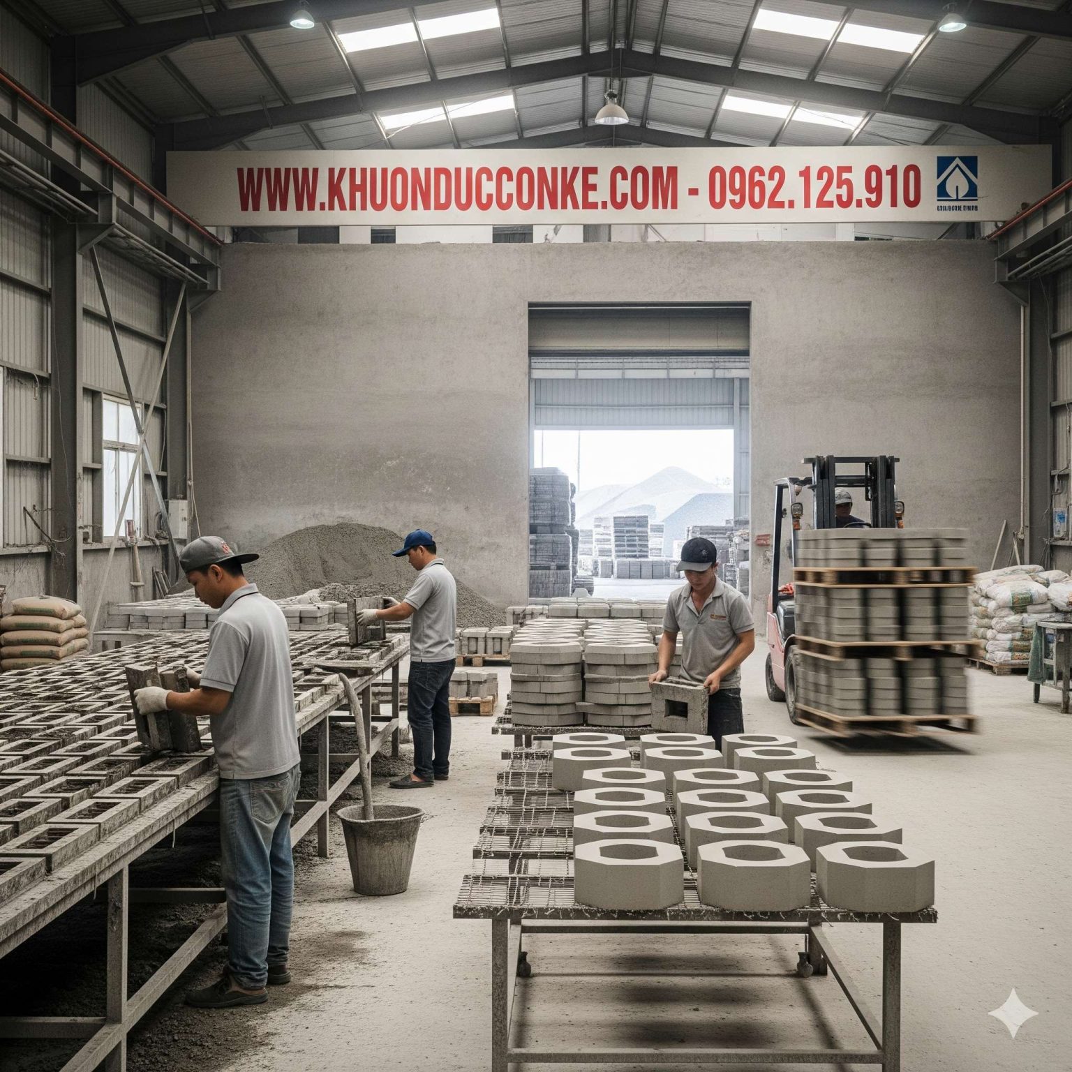 Công nhân đúc con kê bê tông bằng khuôn đạt tiêu chuẩn tại xưởng sản xuất