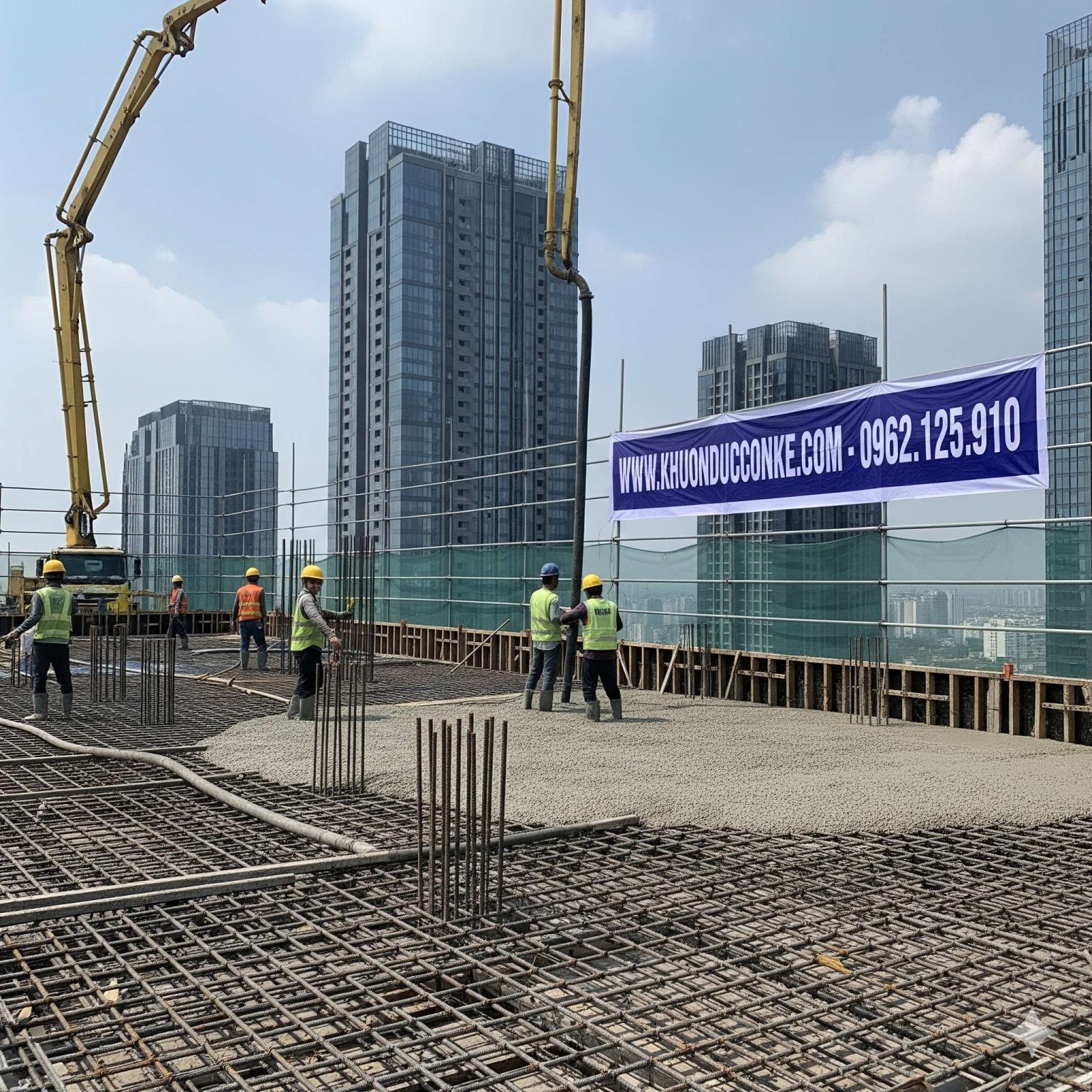 Công nhân đổ bê tông sàn bằng cần bơm trên lưới thép tại công trường cao tầng