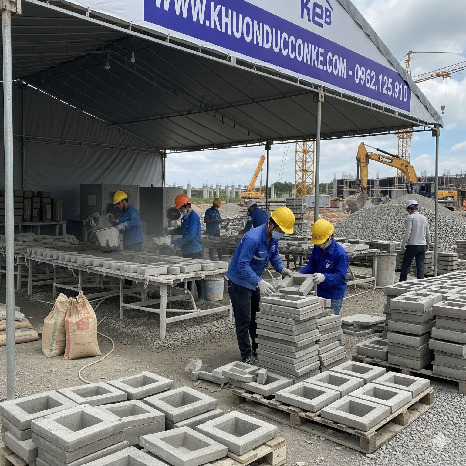 Công nhân đúc phụ kiện con kê bê tông bằng khuôn tại xưởng Trí Việt Phát